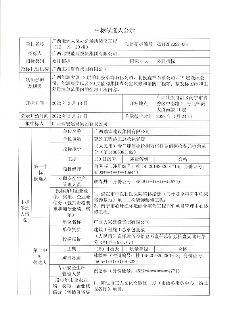 广西能源大厦办公场所装修工程（12、19、20楼）施工招标中标候选人公示