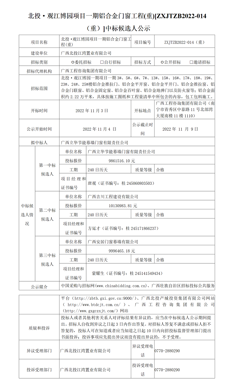 北投·观江博园项目一期铝合金门窗工程(重)[ZXJTZB2022-014（重）]中标候选人公示