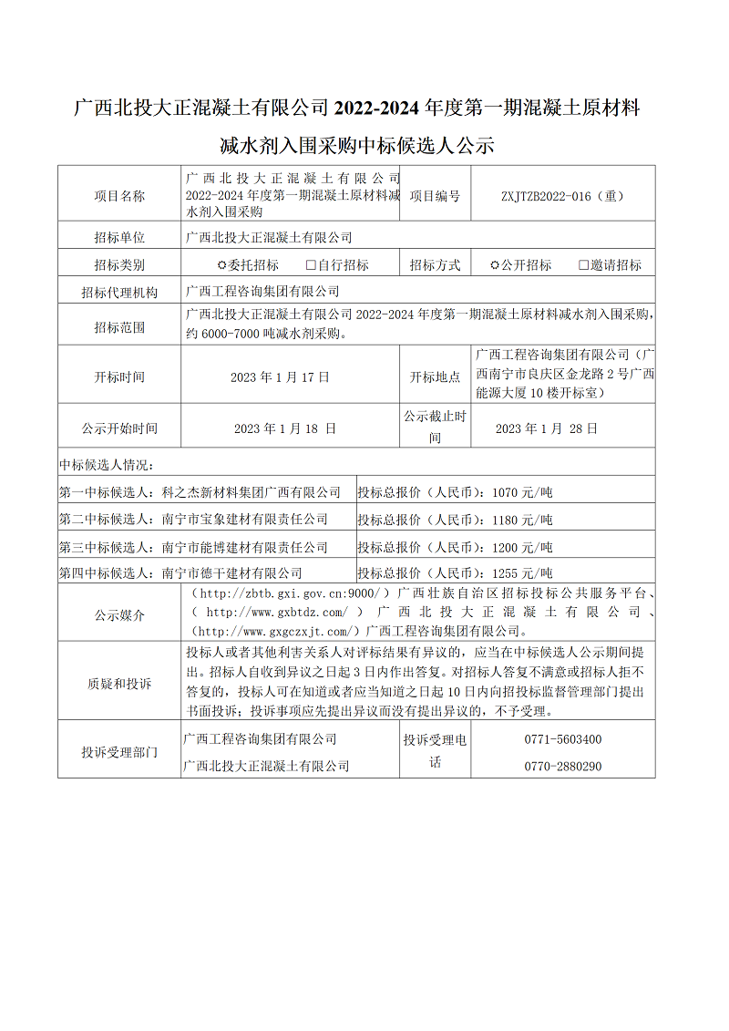 广西北投大正混凝土有限公司2022-2024年度第一期混凝土原材料减水剂入围采购中标候选人公示