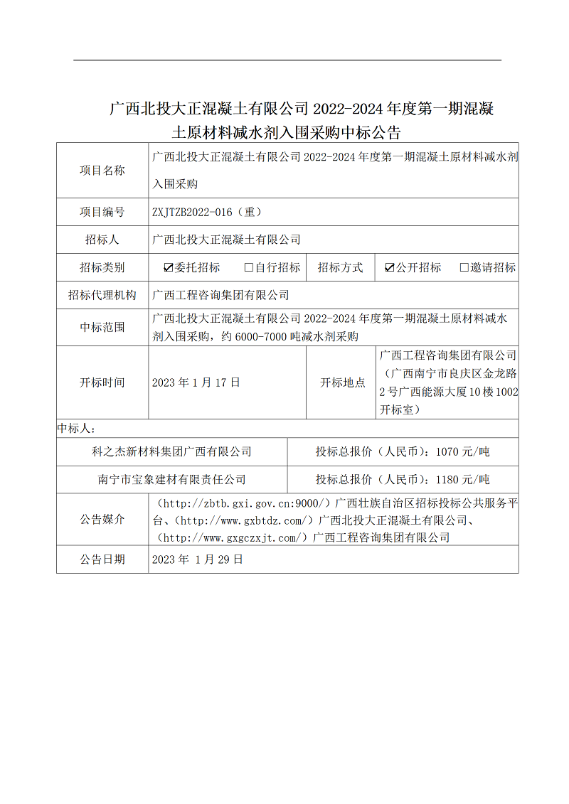 广西北投大正混凝土有限公司2022-2024年度第一期混凝土原材料减水剂入围采购中标公告