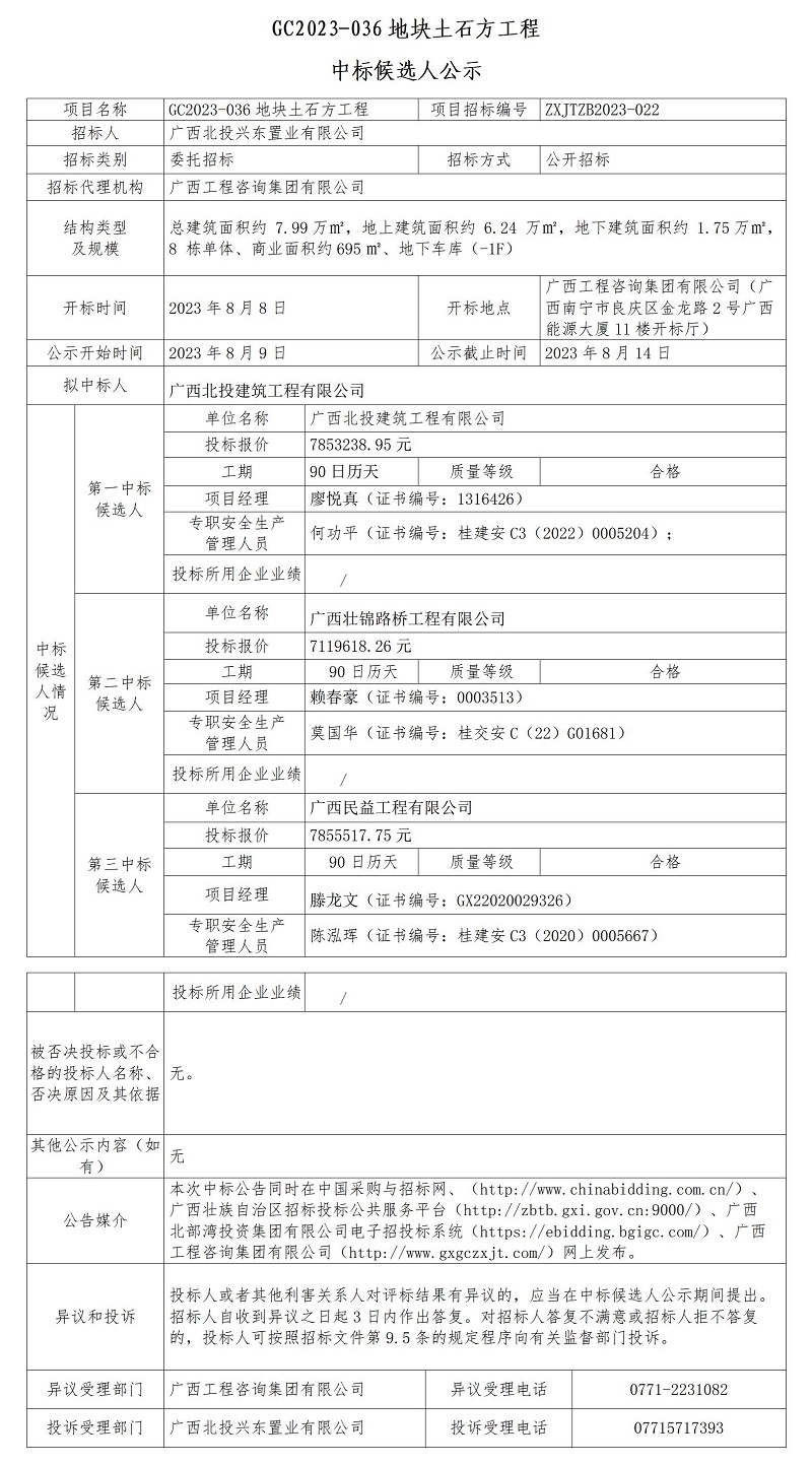 GC2023-036地块土石方工程中标候选人公示