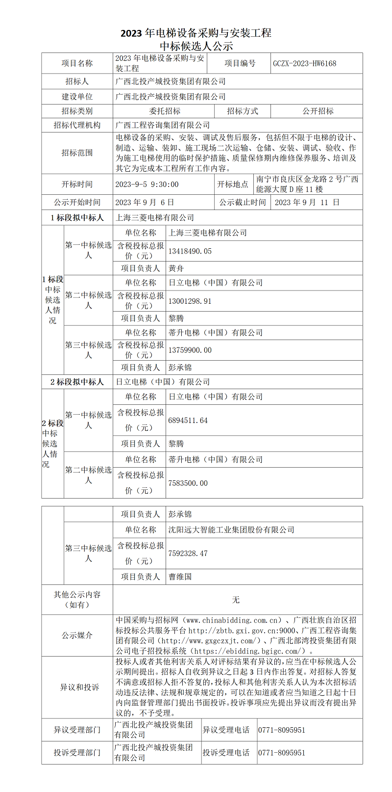 2023年电梯设备采购与安装工程中标候选人公示